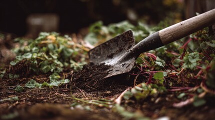 Obraz premium Gardening shovel in compost pile
