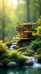 Miniature architects and landscape designers creating unique nature-integrated building - Eco-friendly Architecture Concept.