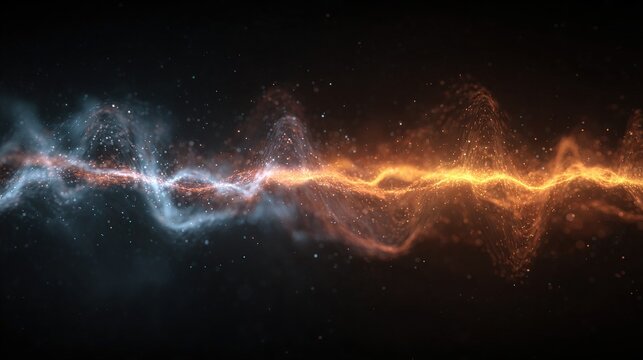 Dueling energies collide, forming a wavy flow against a dark backdrop, sparkling