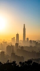City skyline at sunrise, hazy view