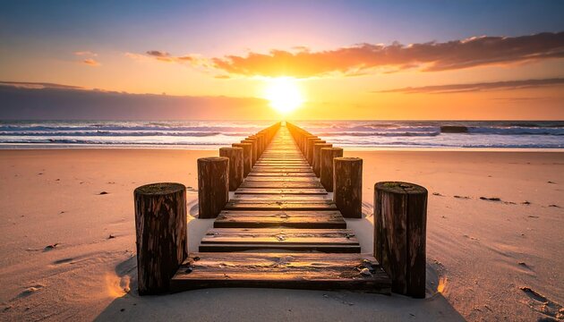 Sunrise over a wooden pier on a beach - Powered by Adobe