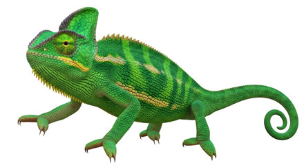 Isolated Veiled Chameleon climbing, bright green reptile with distinctive head crest