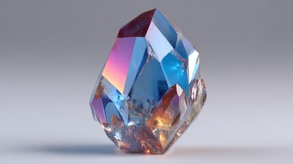 An iridescent, faceted gemstone, predominantly blue and orange, rests on a neutral grey background.  Its facets display a vibrant, almost holographic, sheen.  Internal structures are partially visible