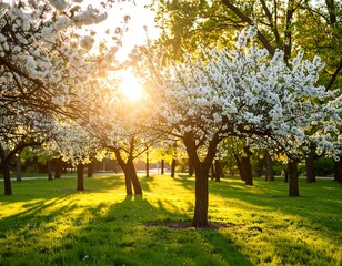 Naklejka premium Spring blossoms in a park at sunset (1)