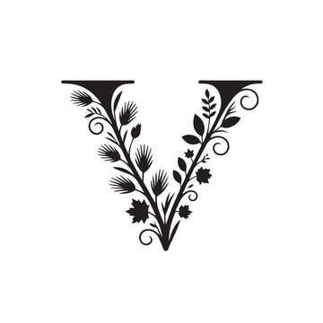 Elegant black silhouette of the letter v adorned with delicate floral and botanical swirls and leaves