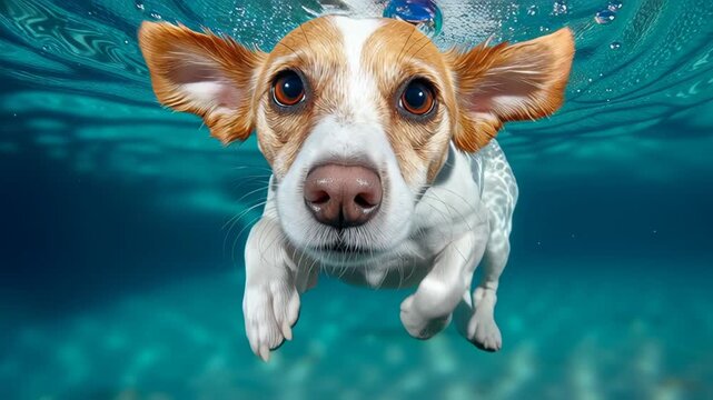 Playful dog swimming underwater, showcasing vibrant fur and expressive eyes, capturing the essence of joy and movement in a dynamic aquatic environment, illustrating the beauty of canine agility