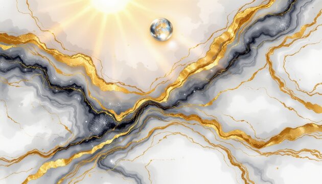 create an abstract watercolor background featuring a white and gold metallic marble design, use a prismatic art style to illustrate a single marble at the top under a sunbeam