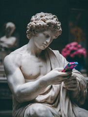 Classical marble statue using modern colorful smartphone.  Fusion of ancient art and contemporary technology. Magazine cover