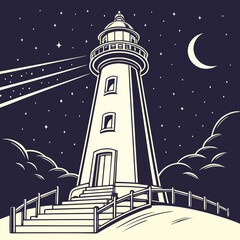 A classic lighthouse stands tall on a hill at night emitting powerful beams of light across a starry sky with a crescent moon