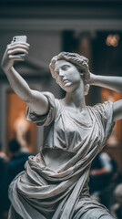 Classical marble statue of young woman  making selfie with her smartphone. Museum background. Fusion of ancient art and contemporary technology. 