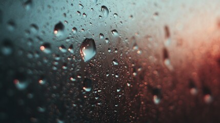 Raindrops cling to glass, reflecting blurred red and blue light in an abstract manner