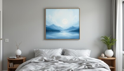 create a contemporary bedroom scene featuring a pastel blue artwork on a grey wall, use mixed media techniques to bring life and depth to the piece