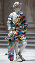 Classical Greek marble statue in modern streetwear with sneakers and skateboard. Colorful pop art concept