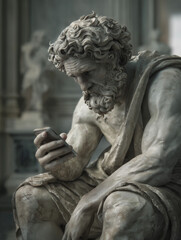 Classical marble statue of an older man sitting and starring at modern smartphone with museum background. Heritage with modern life. Magazine cover