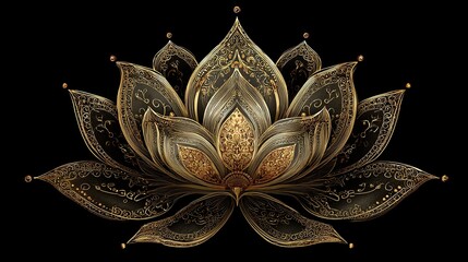 Ornate Gold & Metallic Lotus Flower with Intricate Filigree Details on a Black Background.