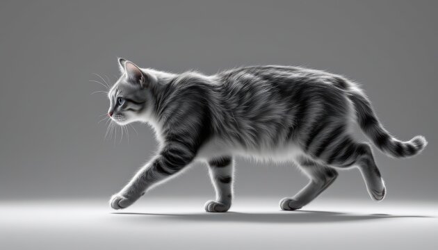 isolated black and white side view of a cat running or walking on all fours, clear, position at top, optimized for photo use, ample copy space at bottom.