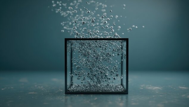 Abstract 3D render of a cube containing dispersed spheres
