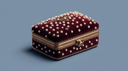 Exquisite burgundy velvet jewelry box adorned with lustrous pearls and gold trim.  A luxurious keepsake for cherished treasures