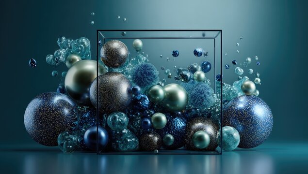 Glass box filled with textured,  colorful spheres and fluid