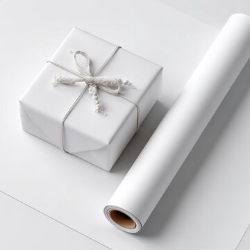 Minimal white gift box with string and wrapping paper roll