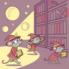 Three cute cartoon mice dressed as wizards wearing hats and robes explore a magical library filled with books and glowing orbs