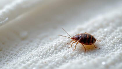 create a close up, high resolution image of a bed bug crawling across a white cloth, position the subject on the right side of the frame