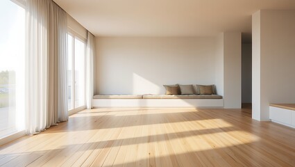 Sunlight streaming into a modern minimalist living room with built in seating