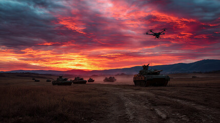 Military tanks maneuvering in a dramatic sunset with drones flying overhead during a training exercise
