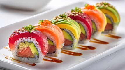 Vibrant sushi roll pieces on plate, arranged with colorful fish and avocado filling