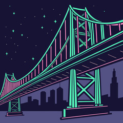 Vibrant neon colored suspension bridge illuminated against a starry night sky with a silhouetted cityscape in the background