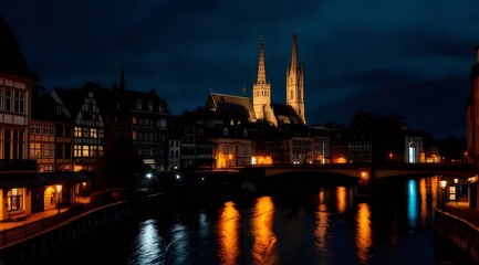 Obraz premium 夜の街並み 青空に輝く教会の都市景観 リフレクション