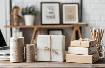Wrapping gifts with natural paper and twine at desk