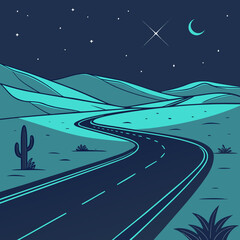 Winding desert highway under a starry night sky with a crescent moon and distant mountains and saguaro cactus © Sotock