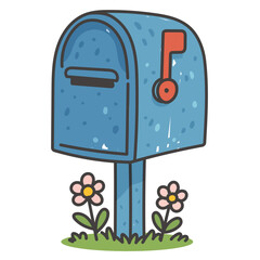 Blue Mailbox With Red Flag And Flowers In Cute Cartoon Flat Style