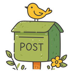 Green Mailbox With Bird And Flowers In Cute Cartoon Flat Style
