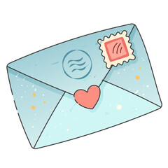 Blue Envelope With Heart Stamp In Cute Cartoon Flat Style