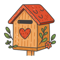 Wooden Mailbox With Heart And Flowers In Cute Cartoon Flat Style