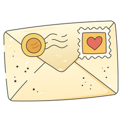 Vintage Yellow Envelope With Wax Seal And Heart Stamp In Cute Cartoon Flat Style