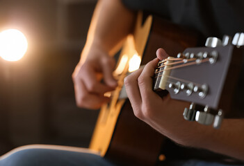 Closeup of hands strumming an acoustic guitar, creating a warm and inviting musical atmosphere that captivates