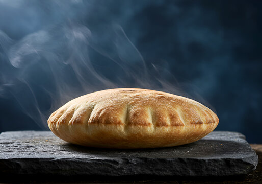Fresh Hot Pita Bread Puffing Up with Steam Rising on Rustic Stone Surface After Baking