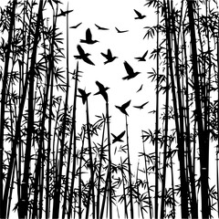 Silhouette bamboo forest with birds flying nature vector illustration