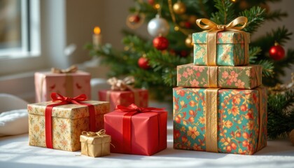 Obraz premium create a christmas themed image featuring gift boxes made with various materials such as paper, fabric, or plastic