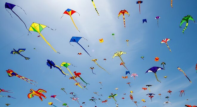 Many colorful kites flying high in a vibrant blue sky.