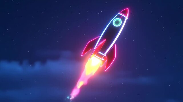 Neon rocket launching into starry night sky