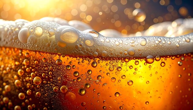 Close up of beer bubbles and foam.