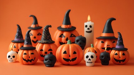 Funny spooky pumpkins with cute scary expressions, mini skulls, glowing candles, and witch hats on orange