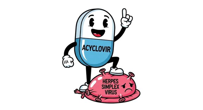 Cartoon acyclovir pill character standing triumphantly with foot on defeated herpes simplex virus symbolizing antiviral drug treatment healthcare medical art design