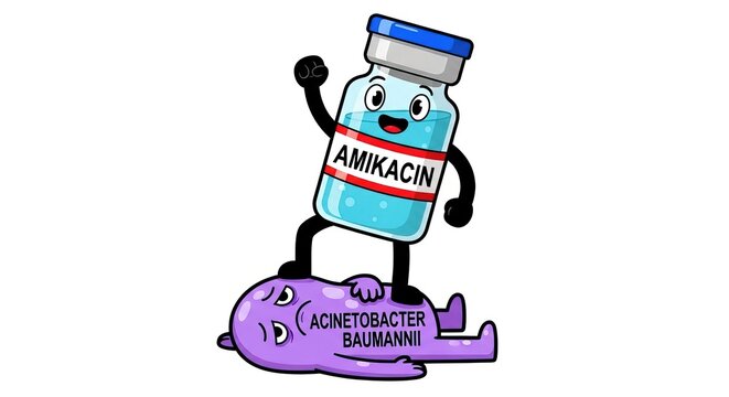 Cartoon amikacin vial character standing triumphantly with foot on defeated Acinetobacter baumannii symbolizing antibiotic medicine healthcare therapy victory art