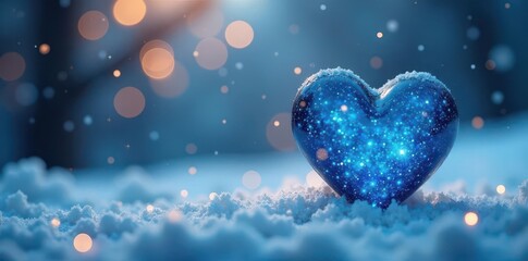 Abstract blue heart bokeh, festive winter scene, graphic, wintery