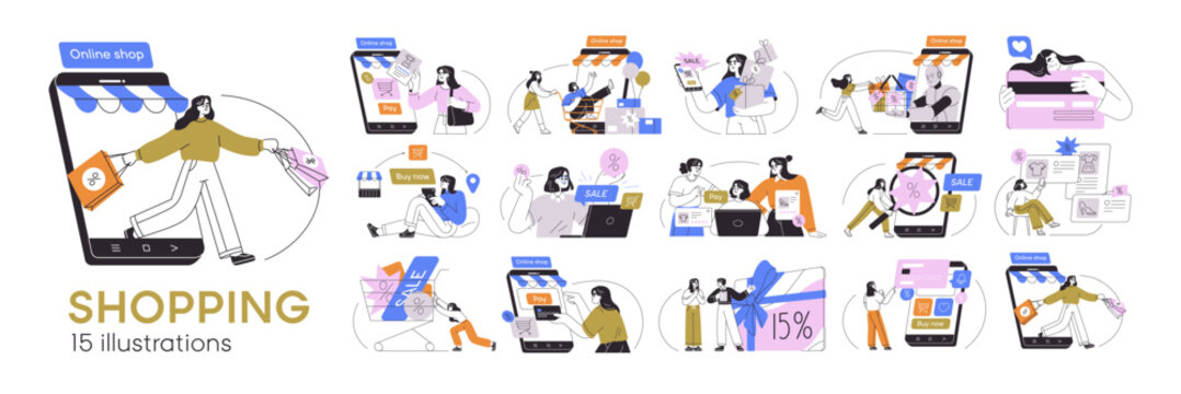 Online shops, internet stores set. E-commerce, sales and gifts, buying and paying for purchases via digital mobile applications and websites. Flat vector illustrations isolated on white background.